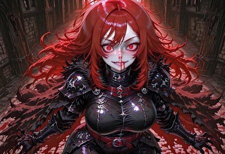 very aesthetic, masterpiece, best quality, highres, absurdres, amazing quality, high resolution, medieval background, detailed eyes, perfect eyes, expressive eyes, Expressiveh, vivid colors, realistic lighting, perfect anatomy, addmicrodetails, ultra detailed face, ultra detailed eyes
Red Eyes, long hair, red hair, pale skin, voluptuous, cellulite, chubby, large breasts, ((uneven eyes)), freckles, crazy eyes, wide hips
black medieval armor, black armor, black gloves, sharp fingers, black gauntlets, dark red leather straps, black fur cloak, black fur collar, black leggings, black pauldrons, black shirt, button up shirt, button down shirt, gambeson
absurdres, highres, anime, anime style, ExcessiveAnimeNosebleed, nose bleed, bleed, excessive nose bleed, blood, nosebleed,