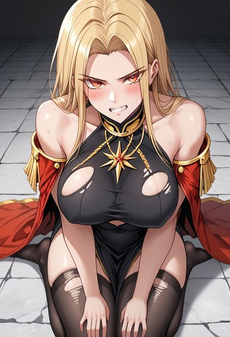score_9, score_8_up, score_7_up,  source_anime, rating_explicit, 1girl, breasts, skirt, thighhighs, solo,1girl, breasts, Victoria,1girl,  mature female, (huge breasts:1.3),(military uniform:1.3), red coat, black thighhighs, gloves, red skirtred_cape, blonde_hair, solo, long_hair, cape, dress, clenched_teeth, small_head, yellow_eyes, glaring, looking_at_viewer, angry, stone_floor, teeth, kneeling, (black_dress:1.5), barefoot, covered_navel, covered nipples,sweat, scowl, parted_bangs, thighs, bare_legs, covered_breasts, bangs, sitting, v-shaped_eyebrows, blush, japanese animation, absurdres, toned, black_hair_tie, high contrast, aesthetic, toned, vivid color, muscular, (wide_shoulders:1.2), (tall_girl:1.2), wide hips, 2d, thighs, beautiful, sexy, black_clothes, crossed arms,cute_face,open_mouth,bangs, (thick_thighs:1.2), (huge_hips:1.2), (large shoulders:1.2), finely detailed beautiful eyes, finely detailed face,delicate facial features, (tall:1.4), small head,  beautiful eyes and detailed face,toned,(healthy_body:1.2), (best quality, high quality, masterpiece, hyper detail, detailed face,detailed_eyes,detailed_pupils:1.3), collarbone, (detailed_eyes:1.5) ,(masterpiece:1.7),(high quality:1.7), same_eyes,same_pupils,(clear:1.5), detailed_eyes, collarbone, bangs, detailed_eyes, black_clothes, detailed_arms, amazing quality, (large_shoulders:1.4), epaulettes, wariza, (torn_clothes:1.5), upper body, covered_shoulders, muscle