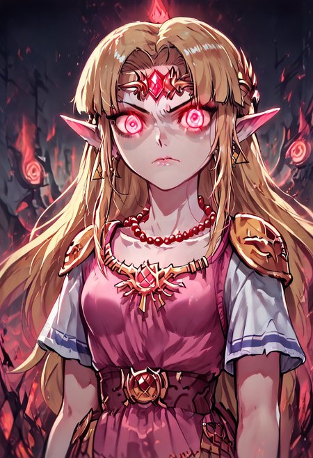 score_9, score_8_up, score_7_up, score_6_up,Cromachina, depth of field,   ((crossover)), hell, fire, ultra detailed, high resolution,
legend_of_zelda, 1girl, adult,
(girl, princess zelda, zelda, long hair, blonde hair, pointy ears, makeup, nice eyes, crown, dress), corrupted clothing style, Corrupted, demonification, demon eyes, Pink eyes, Red eyes, Glowing, glowing eyes,