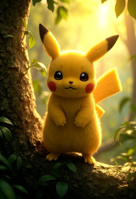photorealistic Pikachu standing on a tree branch, ears perked up, alert and watchful, late afternoon golden hour sunlight filtering through leaves, photorealistic rendering, ultra-high-definition textures, warm and natural lighting, detailed fur with soft highlights, rich greens and golds, serene forest atmosphere, cinematic composition, natural shadows and reflections, high-detail textures, calm yet vigilant expression, smooth gradients, glowing highlights on fur, intricate leaf details in the background.

Time of Day: Late afternoon with golden hour sunlight filtering through leaves.

Mood: Protective and watchful.

Aesthetic, Natural, warm tones, serene yet vigilant.

Pose, Standing on a tree branch, ears perked up, alert.

Additional detail, 










