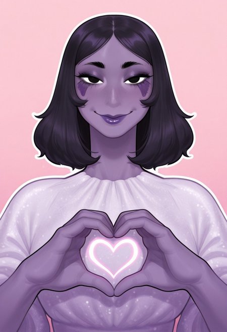 mrfuga, 1girl, solo, medium build, medium hair, sfw, safe for work, covered skin, flowy dress,  black eyes, purple lipgloss, smiling, portrait, upper body, heart hands, foreshortening