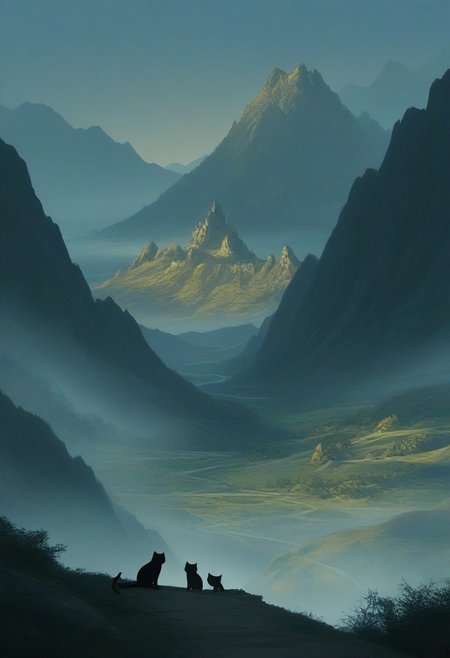 south china mountains, high slopes, foliage and fog, pilgrims on a road in the distance, distant temple on a mountaintop, epic fantasy scene,((cat)),hyperdetailed, superb quality, cinematic, tranquil vibe,high quality,best quality, amazing quality,
absurdres, very aesthetic, newest, HDR, high detail RAW color art,
intricate details, hyper aesthetic, incredibly absurdres, highres