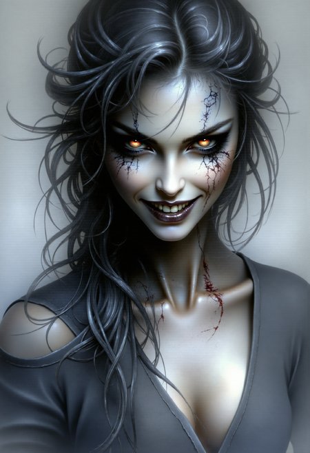 Ethereal Gothic Elegance, Digital painting of a woman with long, messy black hair framing her face, piercing glowing red eyes, heavy dark smudged makeup creating a sunken eye effect, a wide unsettling toothy grin. She wears dark, slightly ragged clothing, with subtle dark red smudges around her neck. Dark fantasy horror illustration style, eerie atmosphere, dramatic cinematic lighting, muted grey smoky background.