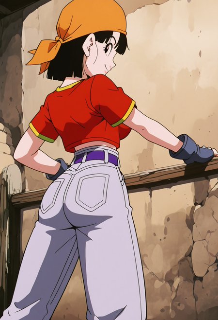 masterpiece, best quality, solo, curvy, beautiful eyes, aged up, large breasts, narrow waist, wide hips, 1girl, solo, smile, looking at viewer, foreshortening, close up,    zzPan, black hair, short hair,  bandana, fingerless gloves, red shirt, denim jeans,   ,<lora:PanDBGT_IXL:1.0>,profile view, long legs, relaxed pose, cowboy shot, smile,
