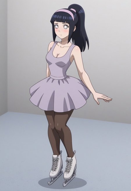 1girl, solo, (hinata, hyuuga hinata, purple eyes, blunt bangs, black hair, white eyes, no pupils, hyuuga hinata, bangs, blunt bangs, dark blue hair, white eyes, no pupils, big boobs,
solo, blush, embarrassed, expressionless, 
Fullbody, sexy, perfect body, hourglass figure, cleavage, butt, thick thighs, small waist, natural breasts, skin pores, detailed skin,
High ponytail, hairband, <lora:MedalistV1:1>MedalistV1, m_inori, 1girl,
dress, 
pantyhose,ice skates,
Ice skating rink,
 masterpiece, best quality
Expressiveh, g0thicPXL,