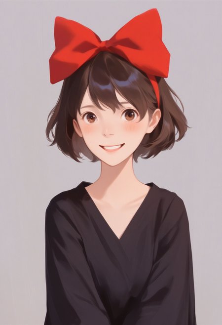 zPDXL3,score_9, score_8_up, score_7_up, score_6_up, score_5_up, score_4_up,just describe what you want,tag1, tag2,
1girl, solo, small breasts,looking at viewer, smile,
black robe, baggy clothes, red bow, hairband, hair bow, blush, dark brown hair, brown eyes,looking at viewer, short hair,upper body,creating a subtle and serene depth,
<lora:Kikis Delivery Service - Kiki v1:1> majokiki,