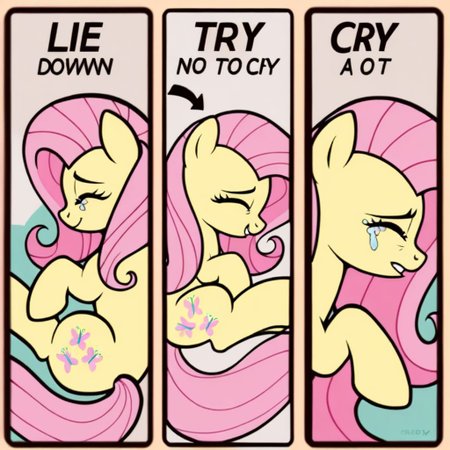score_9, score_8_up, score_7_up, score_6_up, score_5_up, score_4_up, rating_safe, 1mare, Pony, Fluttershy, Show_style, 2D, cute. <subject>, m3m3, comic, english text, arrow \(symbol\), eyes closed, tears, fetal position