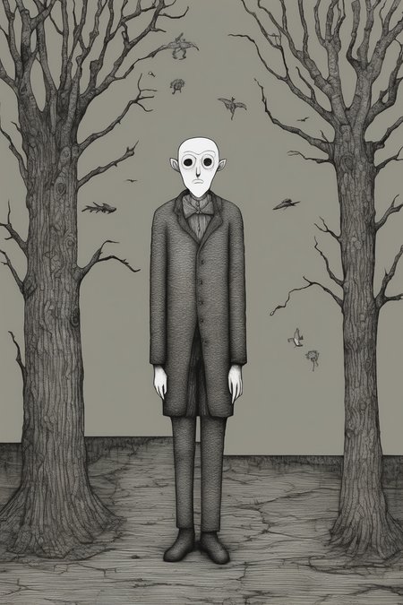 John Kenn Mortensen Style - drawing of ego death in the style of edward gorey and junji ito