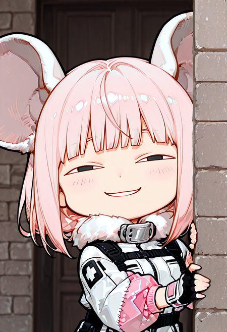 masterpiece, ultra-HD, very aesthetic, 8K, high detail, depth of field, score_9, score_8_up, high detail, 
BREAK
BREAK
1girl, solo, light black hair, medium-length hair, blunt bangs, flowing hair, Light pink flared sleeves, light pink cropped flight jacket, white base with black pattern tight combat suit, white fur collar, zippered opening, unzipped, patchwork style, high collar, fingerless gloves, wrist guards, functional belt, hip accessory, safety harness buckle, oversized rat ears, chibi, 
BREAK
anyas heh face, anya's heh face (meme), smile, smug, brick wall, peeking out, hiding, 
BREAK
kilroy was here, meme, 
BREAK
<lora:Rat_Chibi:1>,  <lora:IL_kilroy_was_here:1>, <lora:anyas-heh-face-illustriousxl-lora-nochekaiser:1>,