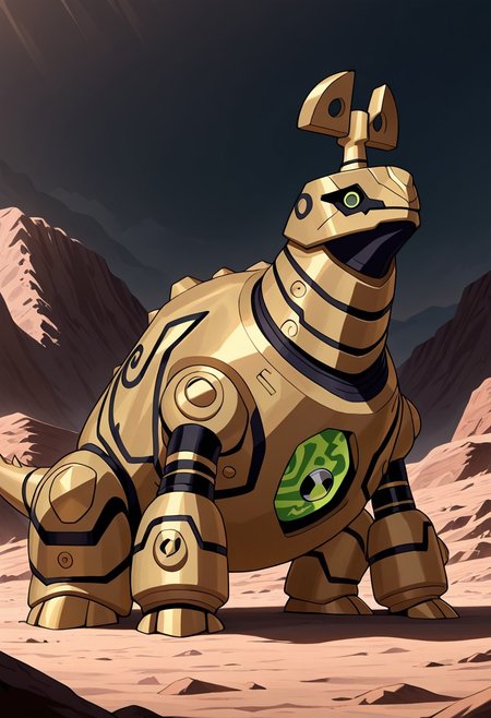 masterpiece, best quality, amazing quality, very aesthetic, absurdres, newest, 
 clockwork, robot, solo, no humans, 
sitting on dinosaur, triceratops, riding  triceratops, sitting on triceratops, dinosaur age, jurassic age, t-rex in background, raised arms,