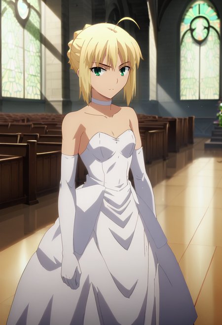 score_7_up, animescreencap,
<lora:FateStayNightUBW_SaberXL:0.9>, SaberFS,
1girl, solo, 
blonde hair, green eyes, short hair, french braid, ahoge,
SaberWedding, wedding dress, white dress, strapless, choker, elbow gloves,
standing, looking at viewer, 
indoors, church
