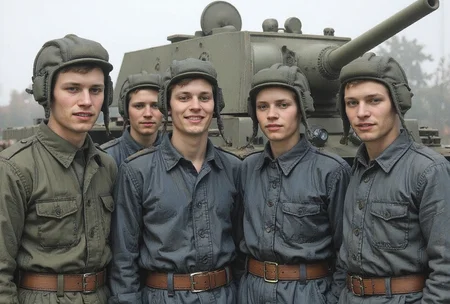 <lora:Inkquaria:0.8> Inkquaria,   <lora:kv1:0.8>,kv1,<lora:soviet-tank-crew:0.8> soviet-tank-crew,
nkquaria.  watercolor painting of a soviet soldier.Four Soviet tank crew members wearing tank crew helmets and blue jumpsuits stand next to the tank and smile.