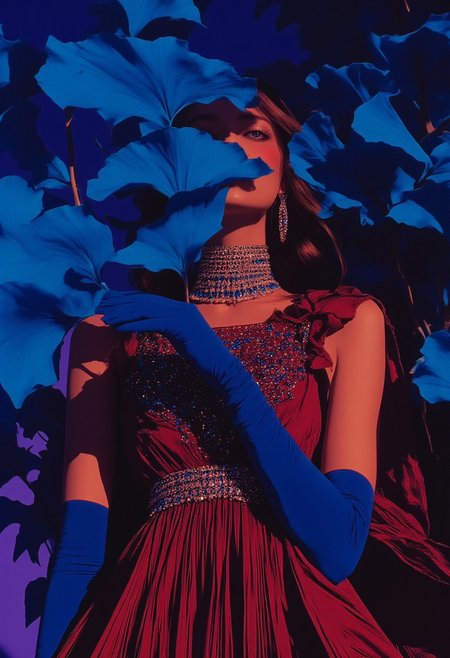 A hyper-realistic close-up portrait of a woman’s upper body and midriff, set against a dreamlike, surreal atmosphere. She wears a flowing, deep crimson dress adorned with shimmering platinum and sapphire-blue sequins and beads that catch the soft, ambient lighting, creating a dazzling interplay of reflections. The luxurious fabric, a fusion of sheer textures and glittering embellishments, adds depth and richness to her elegant look. Her long, wavy chestnut-brown hair cascades over her shoulders, partially veiling her face, lending an air of mystery. Her warm, golden-toned skin, reflecting Mongolian heritage, radiates under the soft glow. She accessorizes with a large, platinum hoop earring and a silver chain belt adorned with small, dangling sapphire gemstones that gracefully drape over her hips. Long, midnight-blue elbow-length gloves enhance the regal sophistication of her attire. The background is a deep twilight violet, overtaken by exaggerated, oversized *Ginkgo biloba* leaves in vivid electric blue tones that contrast sharply with her attire. The leaves grow wildly, leaning toward her and partially covering her body, curling around her arms and torso as if nature itself is embracing her. One large leaf partially obscures her lips, adding to the surreal, artistic interaction. Captured in ultra-high-definition, the image accentuates the impeccable textures of her skin, fabric, and accessories, seamlessly blending high fashion with an ethereal, nature-infused dreamscape.