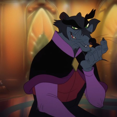 score_9_up, score_8_up, score_7_up, Masterpiece, best quality, high quality, detailed, male, solo male, 1boy, Jenner, rat, mature male, gray fur, thick black eyebrows, sharp teeth, green eyes, anthro, anthro male, indoors, looking at viewer, grinning, purple vest, black cloak, half body, black pants