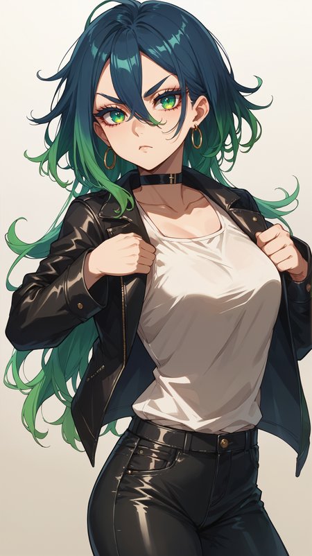 score_9,score_8_up,score_7_up,score_6_up, <lora:xl_more_art-full_v1:0.5>, source_anime, girl, dynamic pose,  <lora:Filoen - Pony:0.8>, long hair, dark blue hair, gradient hair, multicolored hair, dark blue roots, green hair, colored tips, green tips, green eyes, messy hair, hair between eyes, loop earrings, black choker, thick eyelashes, black leather jacket, black pants, leather pants, serious, fierce,