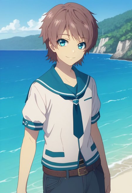 score_9, score_8_up, score_7_up, source_anime, highly detailed, 
kaname, solo, 1boy, male focus, blue eyes, brown hair, school uniform, smile, belt, pants, looking at viewer, sailor collar, necktie, shirt, serafuku,
outdoor, ocean, smile,