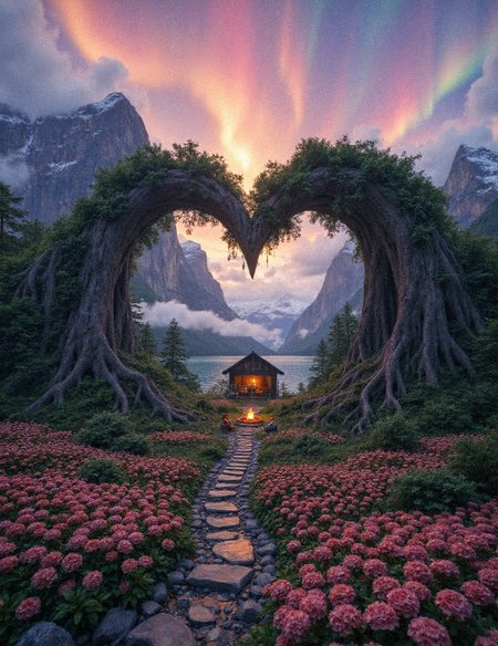 A surreal 8K landscape where two mirrored mountain ranges curve into a heart shape, their peaks connected by a bridge of glowing ivy. At the center, a cottage made of intertwined tree roots houses two silhouettes dancing by a fireplace. Aurora borealis ripples above in shades of rose and gold, while the valley below blooms with flowers that open into tiny heart shapes. Style: Hyper-realistic with a touch of Thomas Kinkade’s luminous warmth, rendered in absurdres for every petal and snowflake
