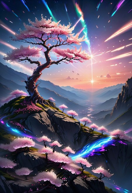 score_9, score_8_up, score_8, full color painting of lone sakura tree, over mountain edge, on the top of mountain, pink blossom, petals on the wind, far view, night time, stars in the sky,  landscape, dramatic lights,  sparkles around, insane details, intricate details, hyperdetailed, soft cinematic light, dim colors, exposure blend, hdr, faded