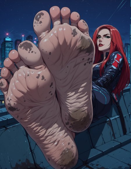 score_9, score_8_up, score_7_up, anime_source, BREAK, 
masterpiece, best quality, mature woman, solo, <lora:NewAvengers:0.7> black widow, red hair,  black body suit, belt, green eyes, bracelets, black gloves, barefoot, soles, wrinkled feet, (dirty feet:1.3),  looking at viewer, evil smirk, parted lips, rooftop, outdoors, cityscape, night, neon lights,  <lora:g4n1m3XLP:0.7> g4n1m3