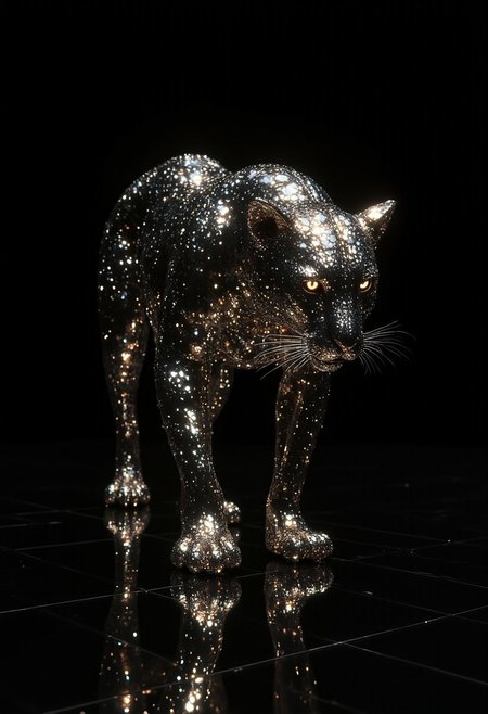 A surreal **leopard** stands alone in a vast **black space void**, its form composed of **thousands of reflective black and silver fragments** that shimmer against the darkness. Positioned on a **glossy black floor**, its body and movements are mirrored with perfect clarity, creating an illusion of weightlessness. The fragmented texture of its fur gives it an otherworldly presence, as if it exists between reality and abstraction.  
Its **piercing eyes glow faintly**, contrasting against the deep black void, while its whiskers and muscles are sharply defined despite the surreal composition. The leopard appears frozen in motion, its stance poised yet fluid, radiating quiet intensity.  
The space around it is infinite, with no landmarks or structures—only an overwhelming **emptiness** that isolates the leopard in an enigmatic scene. There is no discernible light source, yet the metallic shards that form its body catch and scatter subtle highlights, creating a hypnotic interplay of reflections. The **mirror-like floor extends endlessly**, making it unclear where reality ends and reflection begins, further enhancing the dreamlike, futuristic atmosphere.