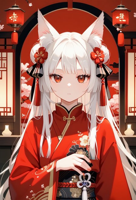 score_9, score_8_up, score_7_up, score_6_up , (masterpiece, best quality:1.4), 
high detailed background,(young-fox-girl:1.6), (white-hair:1.5), (red-eyes:1.6), (hanfu:1.4), (anime-style:1.5), (expressionless:1.6), (innocent-look:1.5), (fox-ears:1.4), petite, long-sleeves, (flowing-hanfu:1.3), (minimal-expression:1.5), hair-ornaments, soft-color-palette, traditional-chinese-patterns, (dim-lighting:1.2), ancient-chinese-room, lanterns, sliding-doors, cinematic, digital-illustration