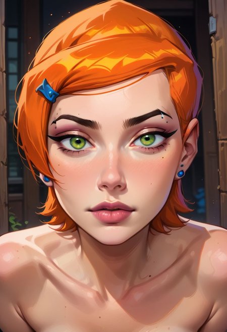 score_9, score_8_up, score_7_up, score_6_up, score_5_up, score_4_up, 1girl, slim, fit, realistic, beautiful eyes, gwen tennyson (/Ben10)/,(ultra HD quality details), bright orange hair, short hair, (green eyes), mouth opened, hiding, focusing on colorful beetle