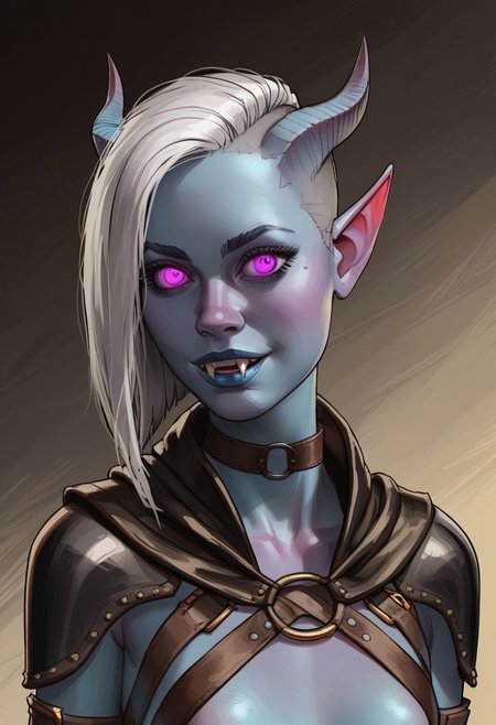 score_9, score_8_up, score_7_up, score_6_up,  1girl, gorgeous girl, beautiful eyes, 
,smile, tiefling, short horns, slender body, blue skin, flat chest, leather cloak, leather armor, leather straps, metal bracer, blue lips, white hair, asymmetrical bob, undercut fade, purple eyes, fangs