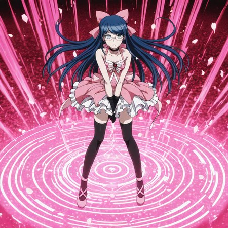 masterpiece, best quality, absurdres, <lora:anime_screencap-IllustriousV2:1>, anime screencap, anime coloring, 2d, anime style ,   This anime screencap is from Danganronpa the Animation.  , <lora:Devil_Survivor_Megaten_Megapack:0.4> , 1girl,black_thighhighs,blue_eyes,blue_hair,bow,choker,devil_survivor_(series),devil_survivor_1,dress,glasses,gloves,hair_bow,hair_ornament,komaki_midori,long_hair,megaten,ribbon,solo,thighhighs,zanku , public_park, playground_equipment_twisted, benches_overturned, fountain_dried_up, cherry_blossom_petals_swirling, magical_wind_effects, transformation_sequence_location, costume_change_hiding_spot, pink_energy_vortex, magical_girl_training_ground, spell_practice_area, target_practice_dummies, magical_obstacle_course, supernatural_phenomena, reality_distortion_field, dimensional_practice_arena, magical_energy_amplification_circle