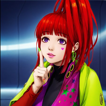 best quality, masterpiece, official artwork, (realistic:0.3), 1girl, solo, sq,  red hair, jewelry, earrings, purple eyes, lips, nail polish, makeup, long hair, ponytail, jacket, dress, spaceship room background, flashy, social, thinking face, one finger point on face, thinking, eye looking up