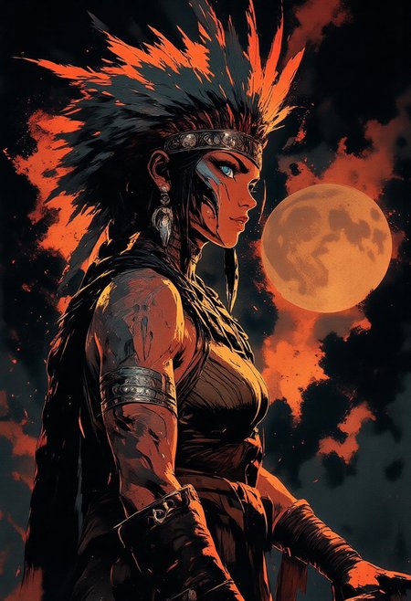 Female aztec warrior, tribal, wolf headdress, war paint, face paint, eye black, glowing eyes, in profile, toned arms, braided hair, large breasts, dark and moody background, adds a dramatic tone, subtle lighting reflections, ray traced, foreshortening, particle effect, Holding a sword,