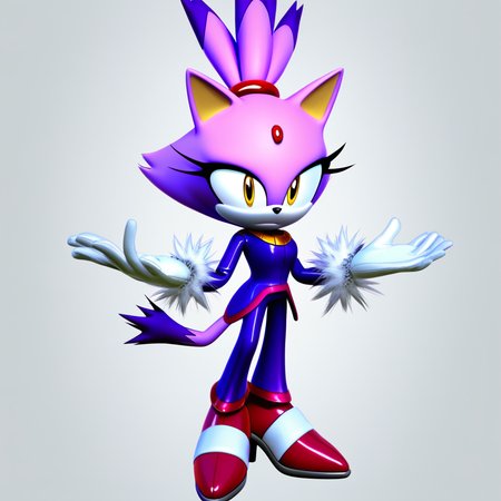 sonic \(series\), blaze the cat, 1girl, solo, gloves, animal ears, forehead jewel, furry female, cat ears, purple coat, high heels, furry, simple background, fur trim, white gloves, purple hair, white background, yellow eyes, fur-trimmed footwear, topknot, cat girl, full body, tail, cat tail, coat, standing, closed mouth, hair tie, shoes, fur-trimmed gloves, animal nose, long sleeves