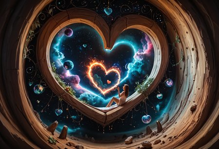 (Nebula Nook) inside (Lover cave), floating heart asteroid, nebula swirls, glowing orbs, zero point gravity, Escher's cave, rounded rockwalls, spiraling rock, fiery heart, orion nebula, 
(romantic cozy setting:1.24), (heart decorations:1.2),  fantasy, nature, mystical, serene, seclusion,(Late afternoon, low sunbeams, cast shadows, slight (haze:1.09)), <lora:sdxl\add-detail-xl.safetensors:0.86:0.10>  <lora:sdxl\incase_style_v3-1_ponyxl_ilff.safetensors:0.88:0.15>, 
<lora:sdxl\cfg_scale_boost.safetensors:0.69:0.15>,