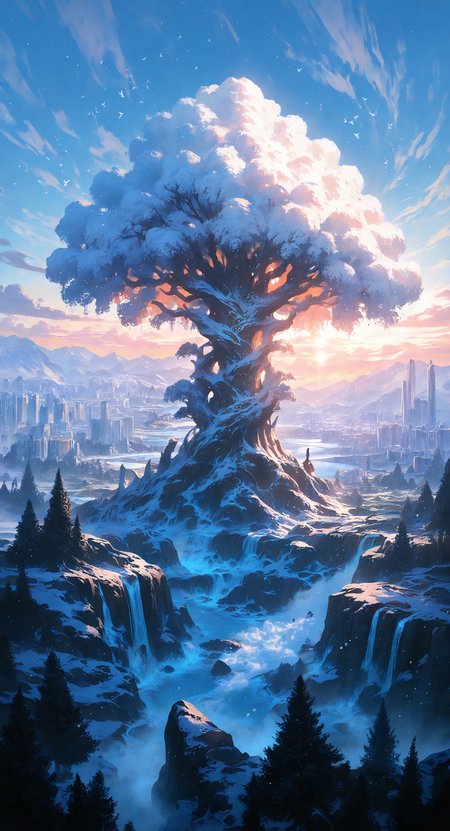 masterpiece, best quality, good quality, very awa, very aesthetic, absurdres, newest, bird, cityscape, cloud, day, giant tree, landscape, no humans, outdoors, planet, river, scenery, sky, surreal, tree, water, waterfall, sunrise,winter,snowing, <lora:spo_sdxl_10ep_4k-data_lora_webui:0.6> <lora:ponyv4_noob1_2_adamW-000017:0.7> <lora:USNR_STYLE_XL_lokr:0.45>