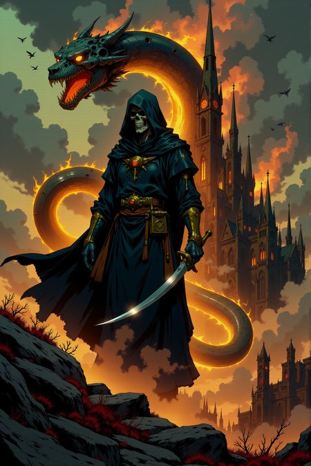 <lora:Dark_Gothic_Comic_style_v.2:0.9> DGC style. 
The image depicts a colossal, dystopian cityscape rising like a cathedral of steel and glass from a desolate, rocky landscape. The architecture fuses gothic elements with futuristic design, as towering spires stretch into the ominous, storm-filled sky. The structures are adorned with pointed arches, intricate buttresses, and glowing, stained-glass-like panels that radiate a faint, ethereal light, breaking the otherwise dark and foreboding atmosphere. The foreground is dominated by jagged, weathered rocks and patches of red, alien vegetation that add an organic contrast to the mechanical grandeur of the city. The textures of the land are rough and barren, hinting at a once-thriving environment now rendered lifeless. Intricate clouds of ash and mist shroud parts of the towering skyline, while flocks of dark birds or drones circle the upper reaches, lending movement and a sense of foreboding to the scene. The city itself feels alive, its layers of interconnected structures forming a maze of industrial complexity. Scaffolding and exposed metallic frameworks suggest ongoing construction or decay, adding to the sense of a world both ancient and futuristic, caught in perpetual transformation. The lighting shifts dramatically, with the last rays of a pale sun piercing through heavy clouds, casting long, fragmented shadows across the terrain. The scene exudes a haunting, apocalyptic beauty, blending the awe of gothic revival with the stark desolation of a world reclaimed by time and ruin.