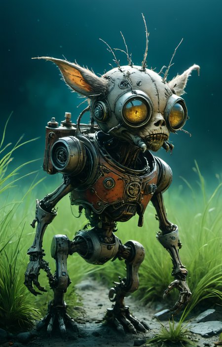 macro photography masterpiece,detailed hyperrealism,Craig Mullins,Jon Burgerman,geof darrow,jean-baptiste monge style - a bio mechanoid by jean-baptiste monge,(long fur on the head),(dumb face:1.4),grass,sand and debris in the ground,swamp,(small debris, stones, bones and rubbish),clear sky,big moon-planet in the sky,blurred background of a futuristic modern scifi abandoned city,((dark background)),volumetric fog,smoke,haze,rust,epic,shallow depth of field,very detailed,high budget,((((very shallow depth of field:1.4)))),cinematic,moody,epic,awesome,film grain,grainy,grainy,grainy,(very photorealistic),HDR,<lora:Creat0rDet4ilz:0.7>, glow effects, godrays, Hand drawn, render, 8k, octane render, cinema 4d, blender, dark, atmospheric 8k ultra detailed, cinematic, Sharp focus, big depth of field, Masterpiece, 3d octane render, 8k, concept art, trending on artstation, hyperrealistic, extremely detailed CG unity 8k wallpaper, trending on CGSociety, Intricate, High Detail, dramatic