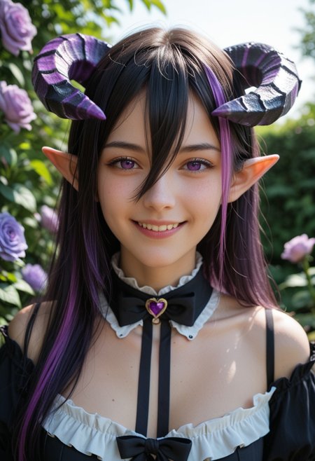 score_9_up, score_8_up, score_7_up, score_6_up, 1girl, 25 years old, perfect face, (adult), sexy, 
purple eyes, 
detailed face, portrait, face focus, depth of field, looking at viewer, blush, shy smile, close up, 
demon girl, demon horns, huge horns, striped horns, black horns, purple horns, 
pointy ears, multicolored hair, streaked hair, (purple hair), black hair, long hair, very long hair, hair between eyes,
detached collar, black bow, black dress, frilled dress,
garden, purple roses, 
smile,