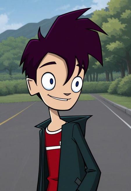 masterpiece,best quality,amazing quality, 
RandyCunningham, 1boy, male focus, solo, blue eyes, purple hair, shirt, red shirt, jacket, green jacket, open jacket, outdoor, smile,