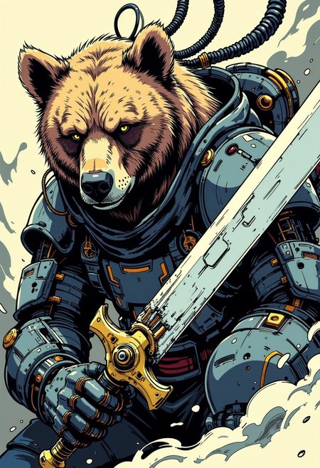 digital illustration, inksketch, anime art, in the style of cknc, Wabi-sabi grizzly bear assassin with (cyborg face parts),cyborg cybernetic enhancements, looking at the viewer, wielding an (enormous sci-fi sword) with mechanical parts at the viewer, (action pose, action shot), action camera effects, intricate detailed, epic quality, profile picture, mechanical, background is a cyborg lab he is trying to escape from. manga