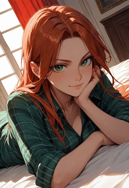 (score_9, score_8_up, score_7_up), zPDXL3, (drawn, wide hips:1.3),1girl, solo, medium breasts, redhead, 
green eyes, long hair, green flannel, shirt, cowboy shot, lying, on bed, on side, baroque hall, baroque bedroom, window, red curtains,
stomach, from above, (face focus, close-up:1.5), blush, looking away,
looking at viewer,
dutch angle, 
smug,