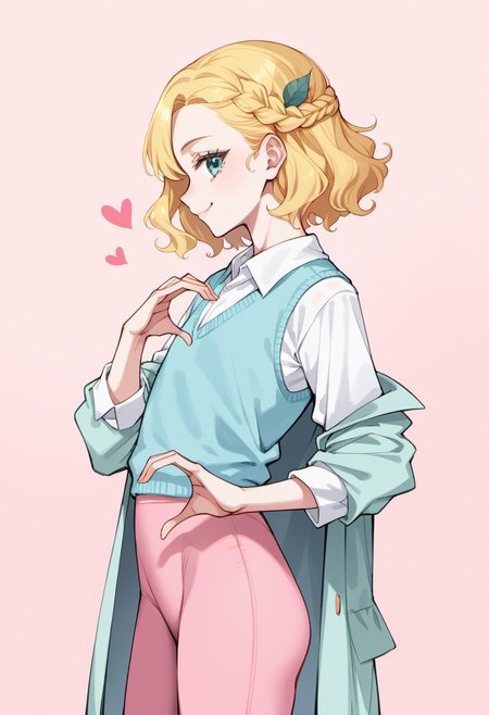 score_9, score_8_up, score_7_up, score_6_up, 1girl, solo, source_anime, flat chest, (white skin:1.2), (thin:1.1), wavy_hair, pastel yellow hair, medium hair, french braid, light aqua eyes, eyelashes, hair_bow, pastel pink yoga pants, light blue sweater vest, light aqua trenchcoat, profile, smile, heart hands, leaf hair
