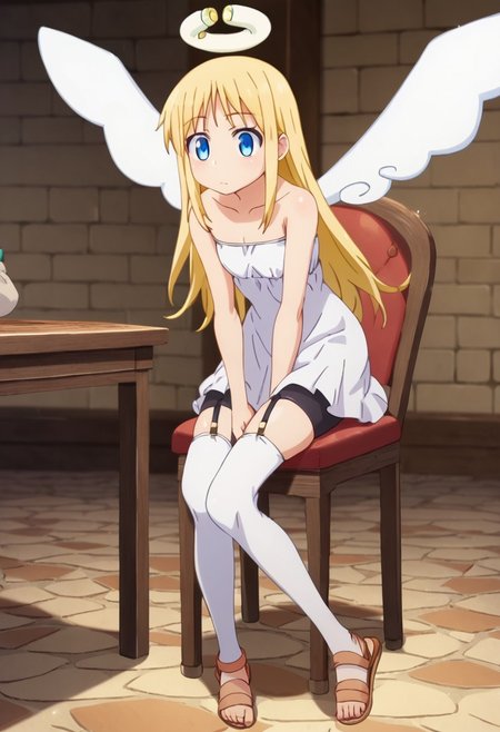 crimvael \(interspecies reviewers\),, blue eyes,blonde hair,long hair,angel,halo,wings,white dress,strapless,bare shoulders,bike shorts,sandals , thighhighs, indoors , sitting on chair,  score_9, score_8_up, score_7_up, ,source_anime, best quality, masterpiece,   , full body view ,   garter straps, collarbone ,  1girl , solo , girl focus ,