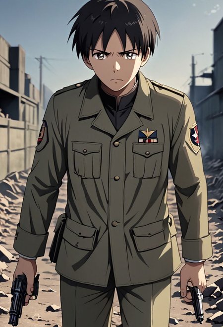 high resolution, solo, best quality, 1Boy, Takaki Toono, Brownish Hair, Brown Eyes, military, action, OverallDetail