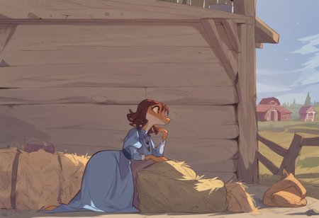 safe_pos, BeansPXL, jewelry, long sleeves, juliet sleeves, necklace, puffy sleeves, dress, blue dress, brown eyes, brown hair, short hair, drill hair, reptile girl, large breasts, narrow waist, wide hips, anthro lizard, scales, furry, female furry, sleeping on hay baile, on side, holding a big egg in a blanket, snoring, porch light, early evening, 
flat color, fca style, toon \(style\), 2d,score_9, score_8_up, score_7_up, score_6_up, farm house, fence,