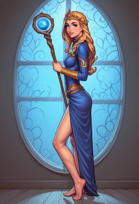 1girl, (((side view))), from front, solo, illustration, comic style, highly detailed, skinny, model body, looking at viewer, masterpiece, best quality, 1girl, masterpiece, best quality, fayenchantress, 1girl, solo, blonde hair, long hair, blue eyes, (young beauty, fit body:1.3), ((((magic shining orb in staff right hand, opened magic book in left hand)))), ((((magic clothes, tiara)))), dynamic pose
<lora:FayEnchantress:0.9>
BREAK 
(((dark magic Observatory inside, night sky in window:1.6)))) score_9, score_8_up, score_7_up, score_6_up, source_cartoon, rating_explicit, Expressiveh, ((((full body))))), dynamic pose