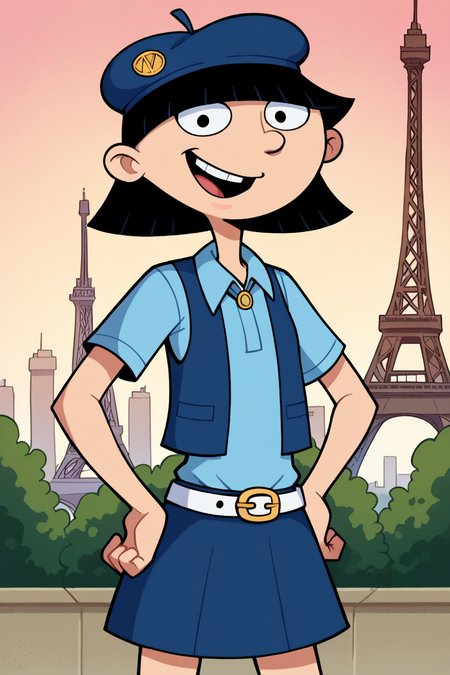 score_9_up,score_8_up,score_7_up,score_6_up,score_5_up,score_4_up BREAK rhonda,1girl,solo,black hair, black eyes, bob cut, blunt bangs,blue beret, white collared shirt, blue vest, (open vest:1.2), bolo tie, blue skirt,white belt, paris,eiffel tower, hands on own hips,  smile,open mouth, flat chest, short sleeves,contrapposto,     <lora:RhondaPony:1>