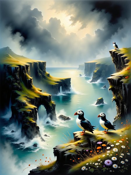 realistic nature illustration, an intricately detailed watercolor painting featuring three atlantic puffins perched on a mossy ledge overlooking a high cliff on the skellig islands with the churning atlantic ocean deep below, the point of view emphasizes the dramatic height of the cliff, the foreground features the rugged cliffside, with lush patches of green moss growing in thick tufts around the jagged rocks, nestled among the moss are a patches of hardy wildflowers native to the skellig islands, small and delicate, with muted shades of purple and white, in the background, the vast atlantic ocean stretches out, its waters churning with white-capped waves crashing against the base of the cliffs, the oceanâs color is a deep blue-gray, with hints of teal where the sunlight breaks through the clouds, the horizon is distant, blending into a dramatic sky, the sky above is filled with moody, rolling clouds, alternating between dark, stormy gray and patches of brighter light where the sun pierces through, creating dappled lighting across the scene, rays of sunlight filter through the clouds, illuminating parts of the ocean and casting a soft glow on the puffins, the lighting is natural yet dramatic, with the interplay of sunlight and shadow creating depth and contrast, the puffins are subtly highlighted by the soft light, while the distant ocean reflects the churning motion of the waves, the watercolor technique captures the delicate textures of the puffinsâ feathers, the rugged cliffside, and the swirling ocean, with fluid, translucent brushstrokes creating a sense of motion in both the sea and sky, the overall mood is evoking the untamed beauty of the coastal environment, dramatic point of view, dark corners, crepuscular rays, volumetric lighting, intricate details, quaint, picturesque, painterly, <lora:style-ethereal_grace-flux-by_andreac75:0.9> <lora:image_enhancer-flux-by_dever:0.88>