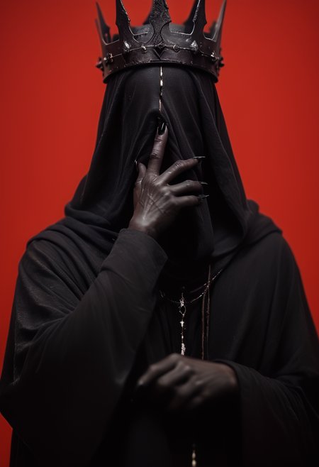(score_9, score_8_up), score_7_up, 1girl, Highly detailed RAW color Photo, cowboy shot, long sleeves, upper body, hood, wide sleeves, fingernails, 1hand up, black skin, cloak, black claws, hood up, robe, sharp fingernails, covered face, no face, emotionless in black, crown, 
dark lighting, dof, depth of field, realistic, red background, simple background, light partials, CINE, fire embers, low-key,
<lora:unholy-000009:0.8> <lora:CINE-000008:0.4> <lora:- SDXL - vanta-black_contrast_V3.0:0.5>  <lora:- SDXL - covered_in_stuff_V1.0:0.8> <lora:hand 4:0.5>