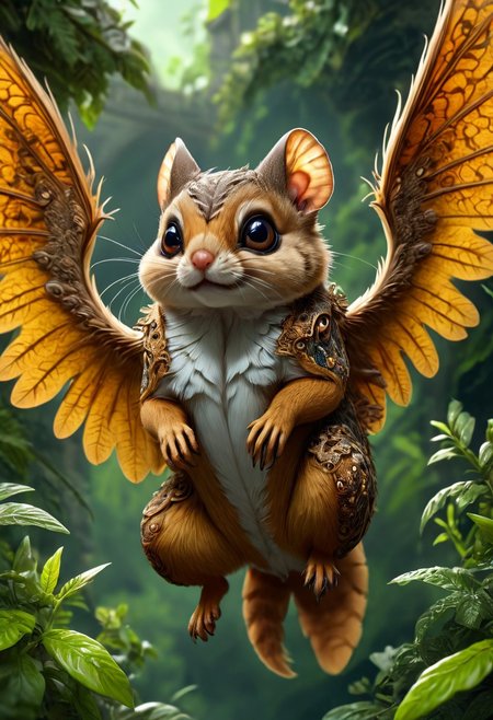 (masterpiece, best quality, stunning, extraordinary, photorealistic, hybrid creature, flying squirrel, centipede, (dramatic lighting, intricate sharp details, overgrown background, volumetric lighting, close-up view, (fantasy, surreal, dramatic, (incredibly detailed wings, intricate patterns, detailed eyes)))), trending on ArtStation, trending on Instagram
