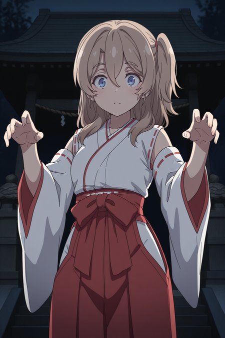 masterpiece, best quality, amazing quality, 1girl, s41t0um1n0, brown hair, long hair, blue eyes, one side up, hair between eyes, thick eyebrows, shrine Maiden, detached_sleeves, red skirt hakama, hip vent, outdoors, partially illuminated, dark, aesthetic, zombie pose, solo, looking_at_viewer