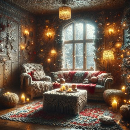hyper detailed, cozy room, walls ChristmasSweater, midjourneyv6.1